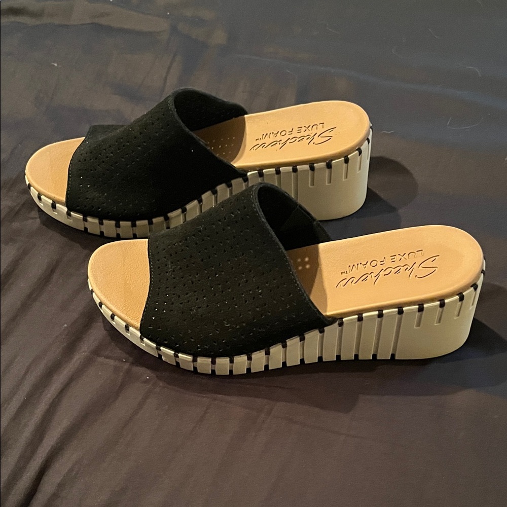 Skechers Black Perforated Mules with Tan Wedge